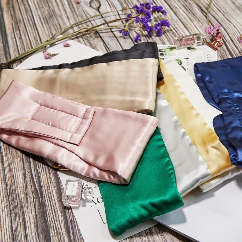 Mulberry silk sleep eye mask shown in champagne gold colour option for light blocking