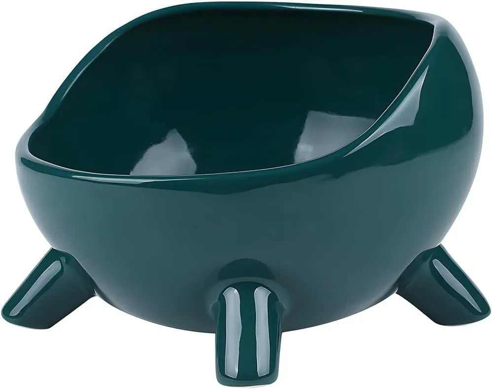 Green ceramic cat food bowl with four-legged stability base and wide mouth opening