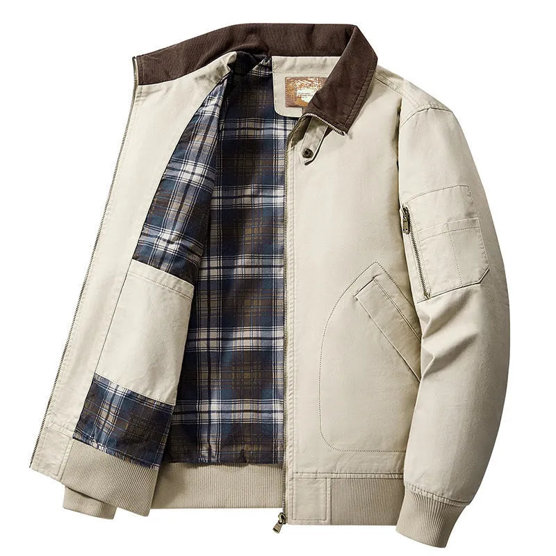 Men's plus size washed cotton baseball-style flight jacket in army green.