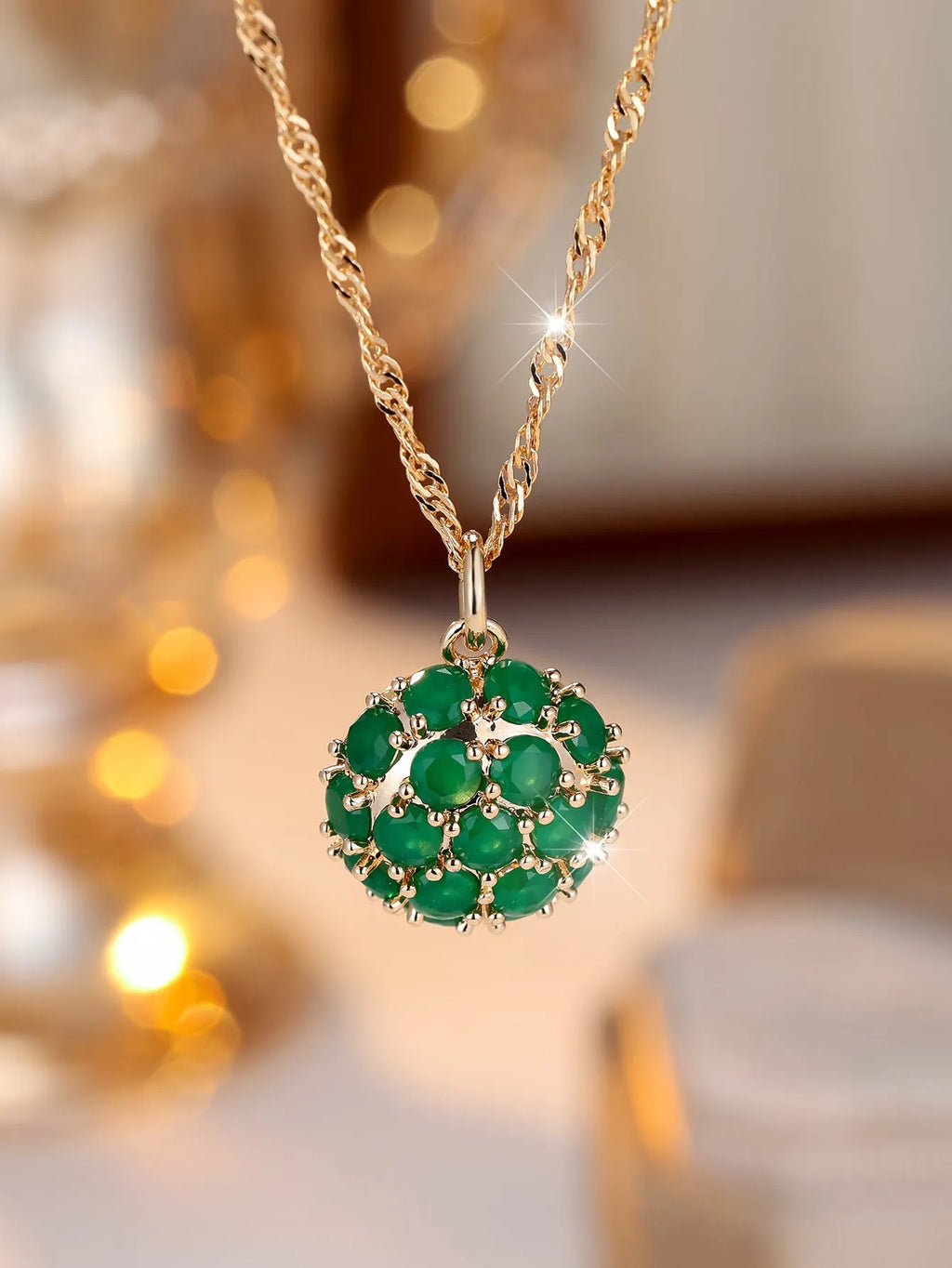 Champagne gold round emerald diamond pendant necklace on an adjustable 51-60cm copper chain.