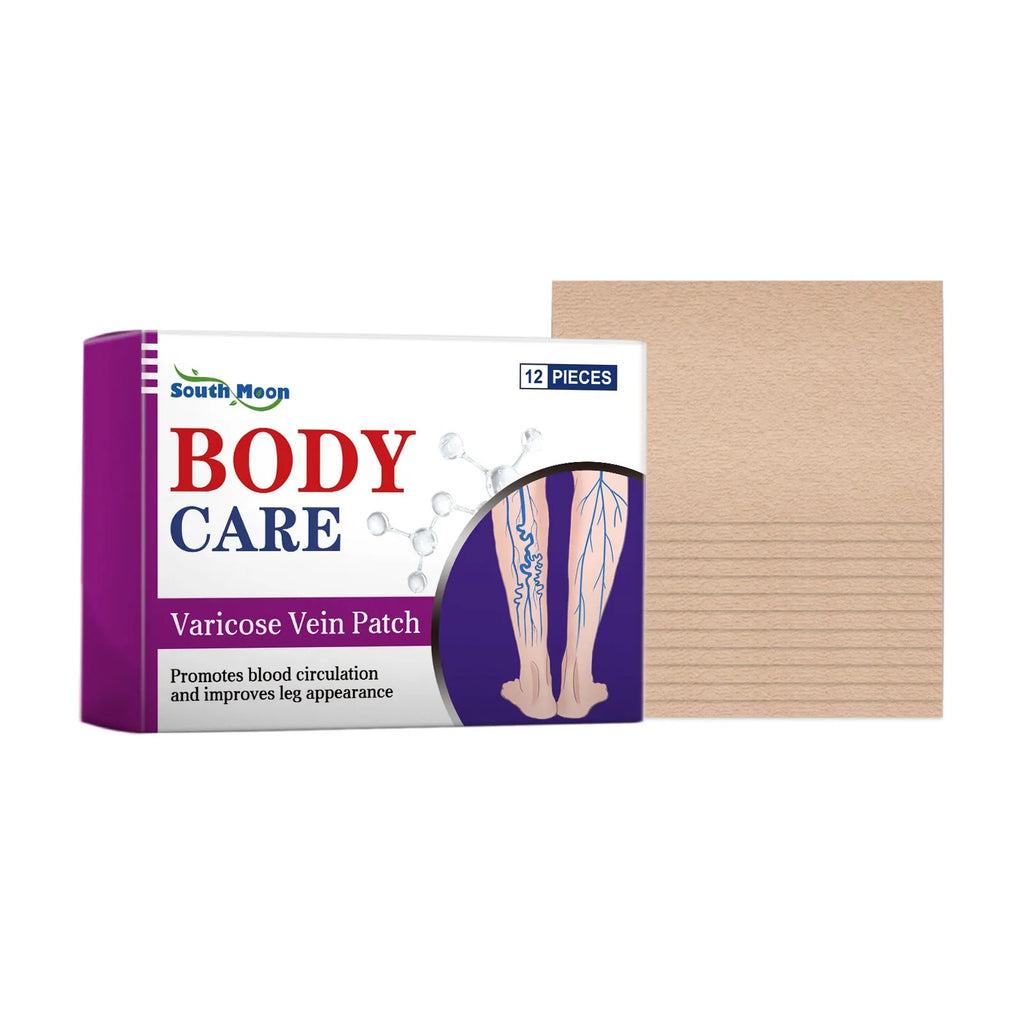 Pack of 12 white leg care patches with plant ingredients for massage.