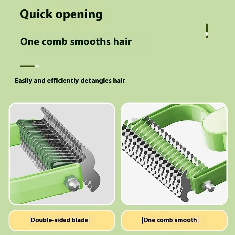 Green dog grooming comb with stainless steel teeth and a curved plastic handle for detangling matted fur.