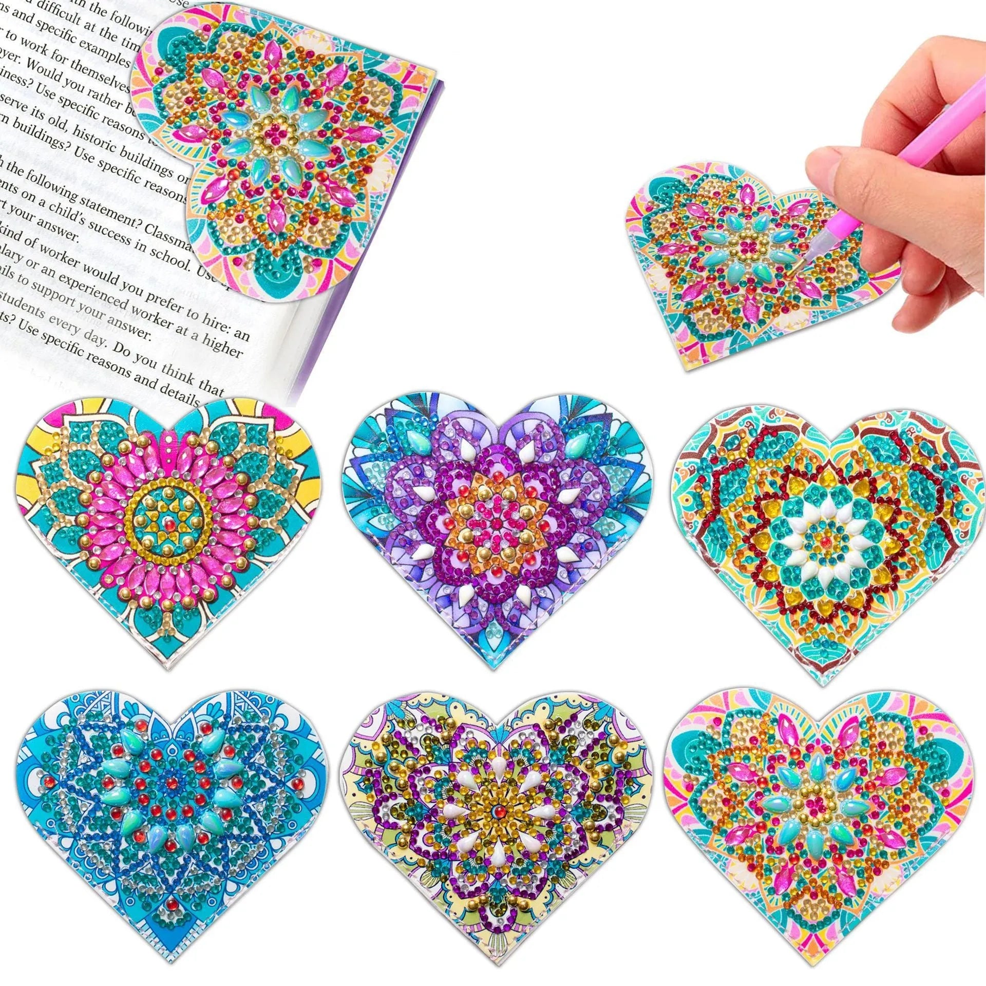 Six handmade PU leather bookmarks with stick-on crystal and flower decorations in a modern style.