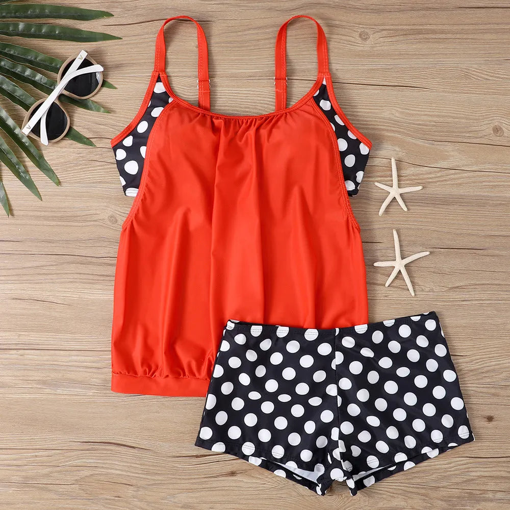 Women's high-waisted polka dot boxer swimsuit top and pants set in polyester
