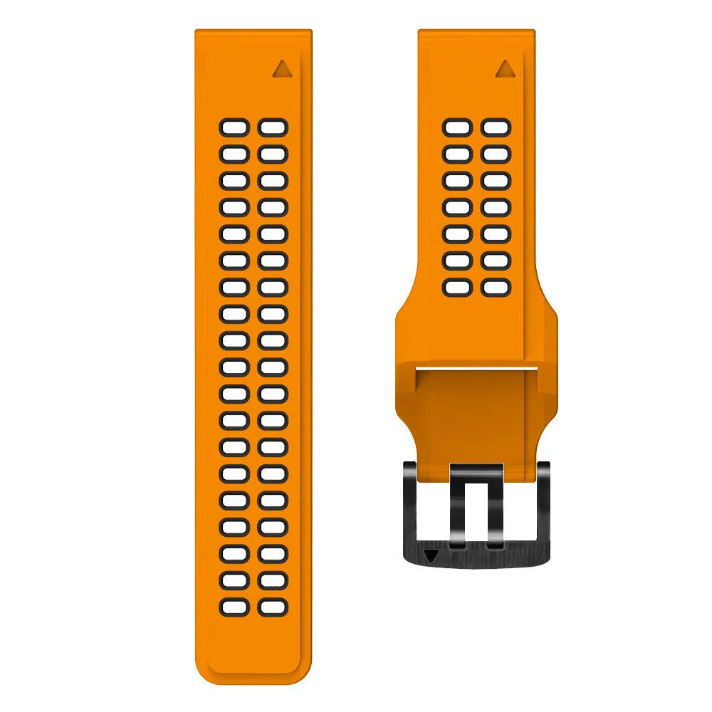 Quick release double-row hole silicone watch strap in black and orange colour on a sports watch.