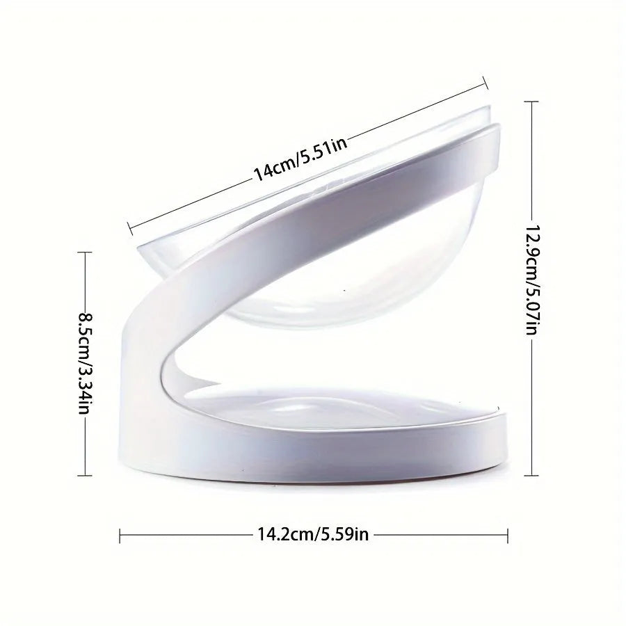 White elevated tilt cat food bowl made from clear durable plastic.