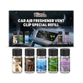 Car air freshener refill pack showing five 10ml bottles with different fragrance labels