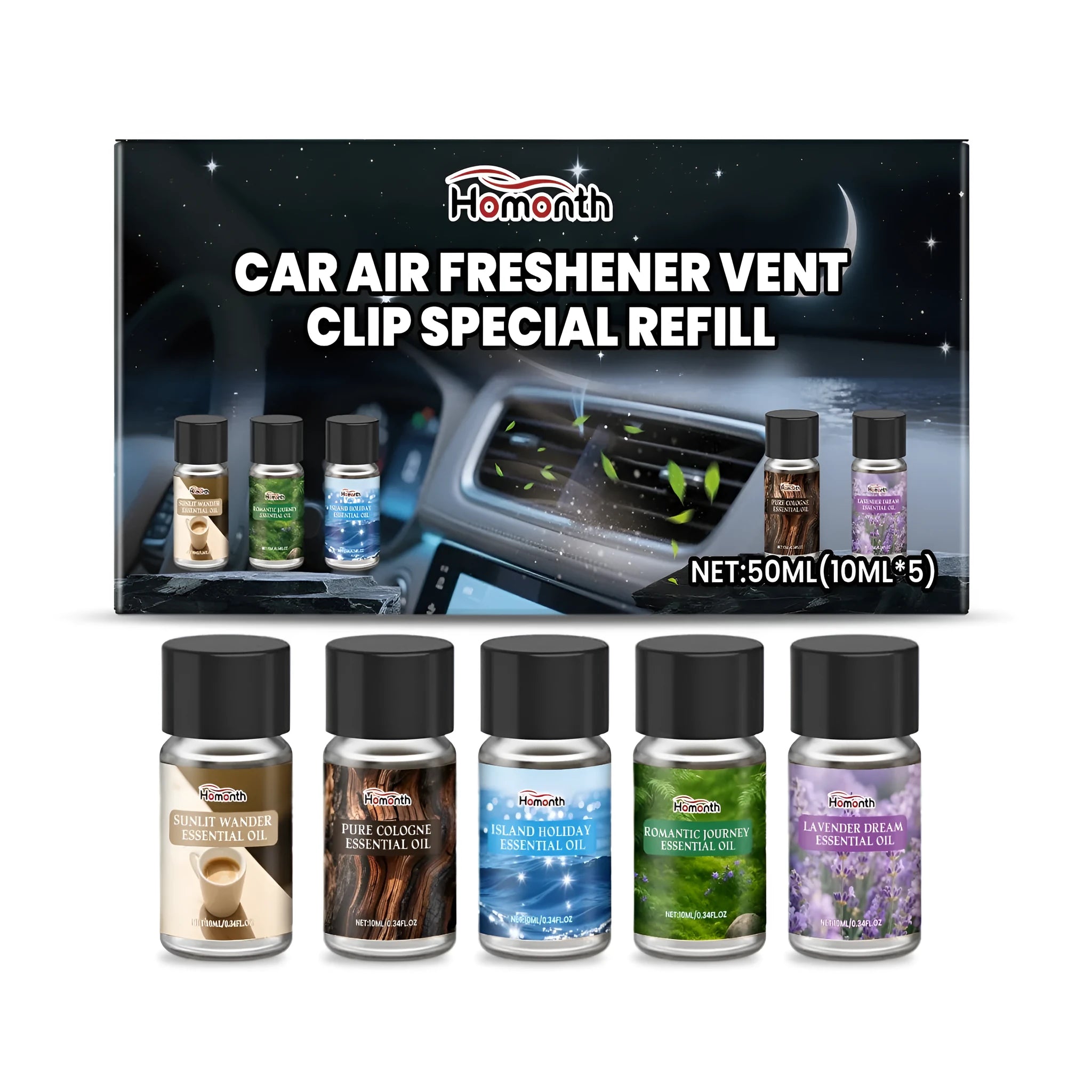 Car air freshener refill pack showing five 10ml bottles with different fragrance labels
