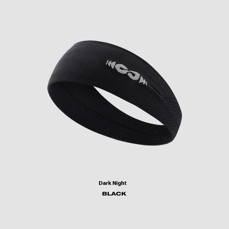 Seamless knitted sports hair band in black, grey, and blue for cycling and running.