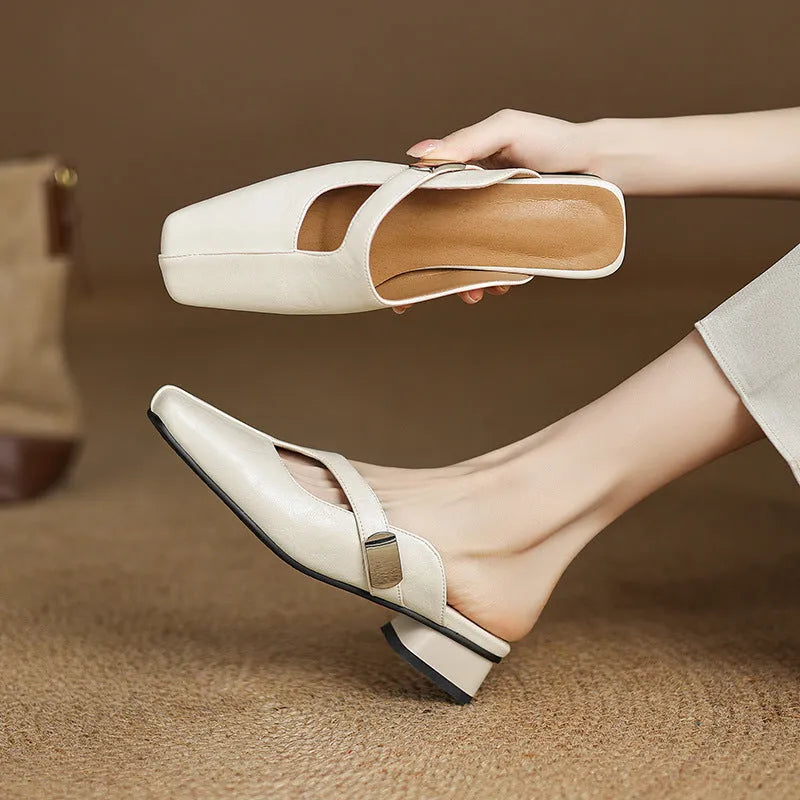 British style men's square toe outdoor slippers in black, beige, or silver with a rubber sole.