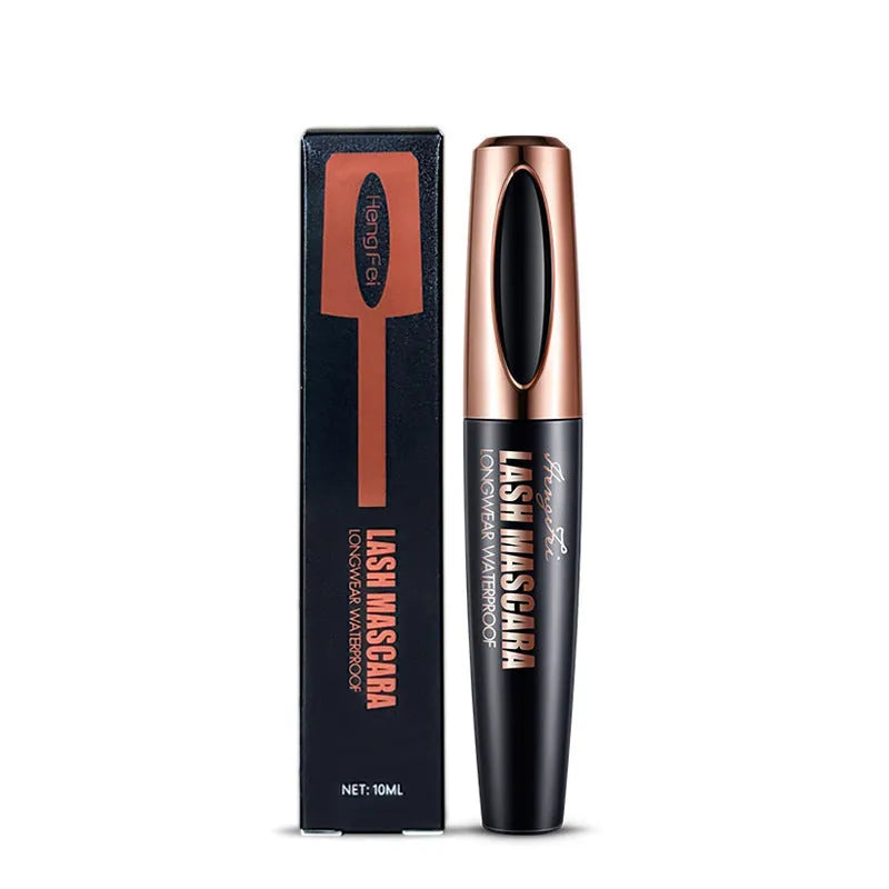 Black waterproof mascara tube for thick, long, curled lashes, shown with colour box and opp bag packaging.