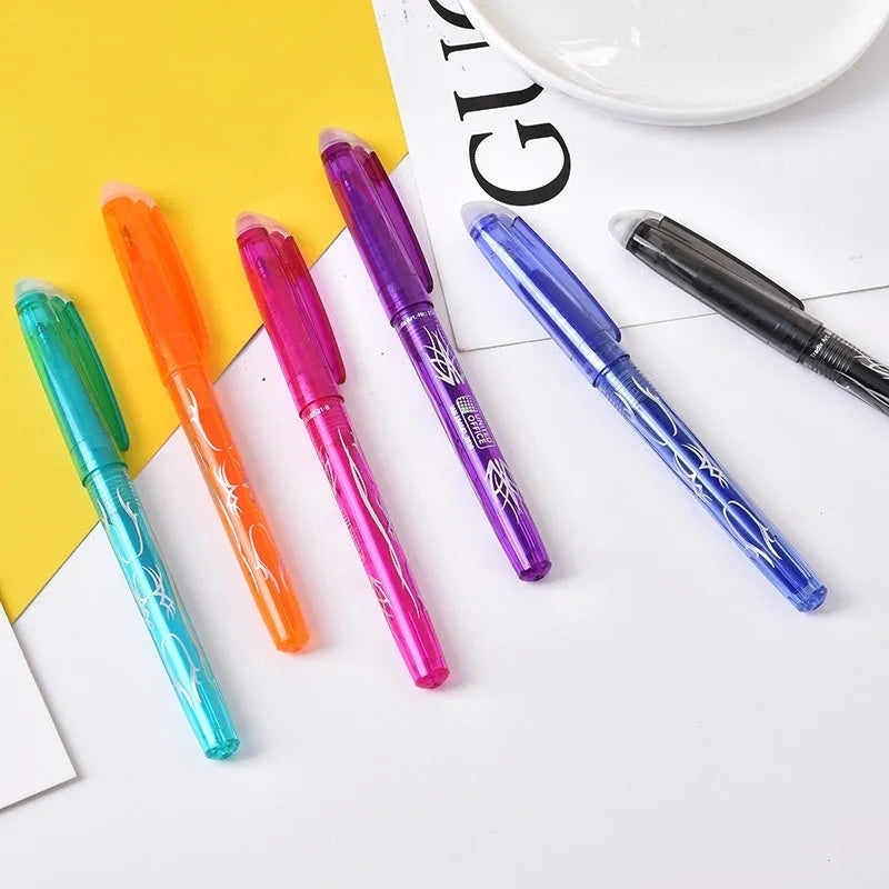 Set of heat-erasable gel pens in multiple colours with choice of 0.5mm or 0.7mm stainless steel nib tips.