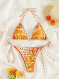 Women's green split bikini swimsuit with bandage stitching detail on the top and briefs.