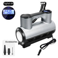 12V portable car tyre inflator with digital or pointer display, LED light and 3 nozzles in ABS casing
