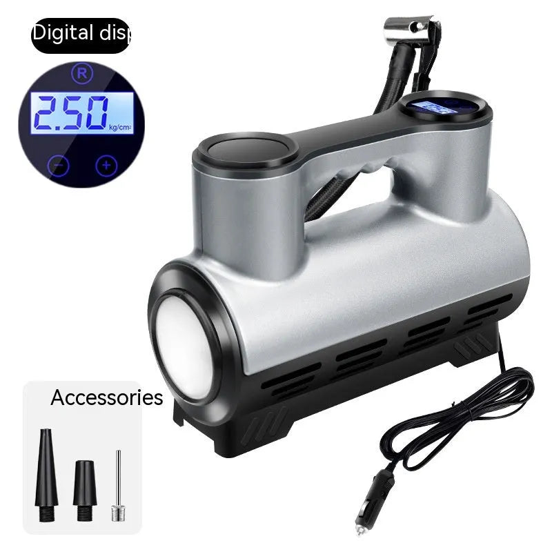 12V portable car tyre inflator with digital or pointer display, LED light and 3 nozzles in ABS casing