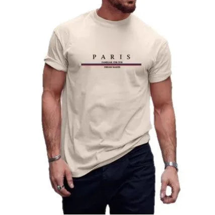 Man wearing a heavy grey pure cotton T-shirt with a printed letter design and short sleeves.
