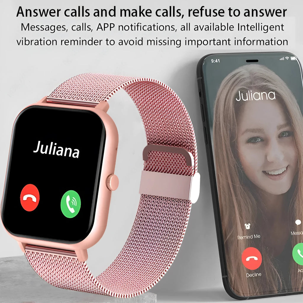 ZL54C smart watch with AMOLED screen showing health stats, available with black, pink, or silver Milan steel strap.