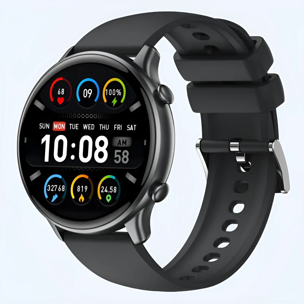 Round smart sports watch with touch screen showing heart rate monitoring display
