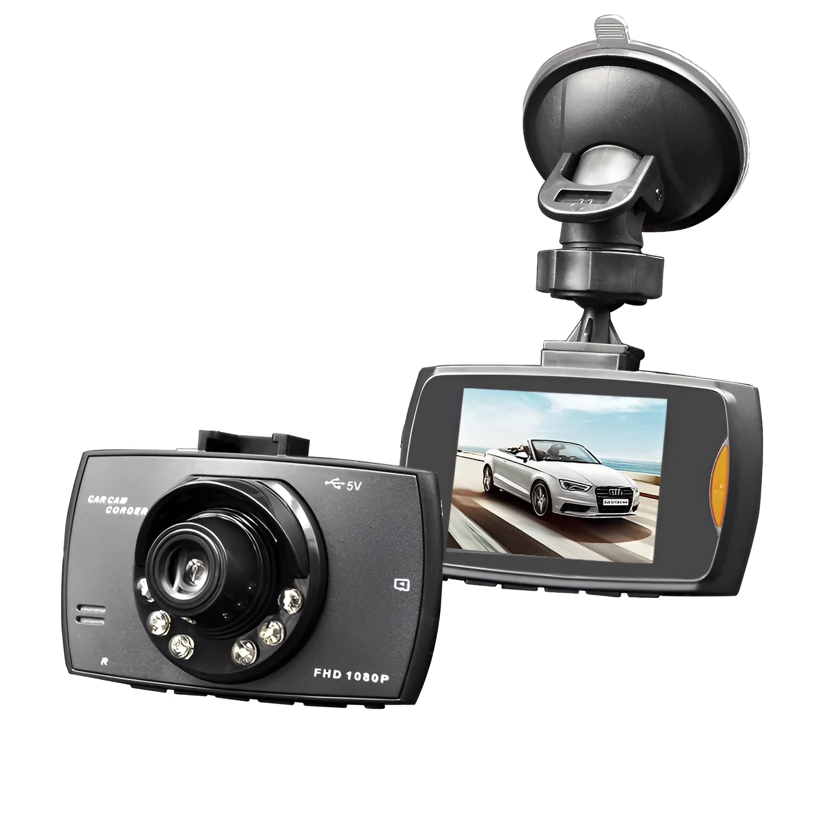 G30 HD car DVR dual camera system showing front and rear recording with night vision and reversing display