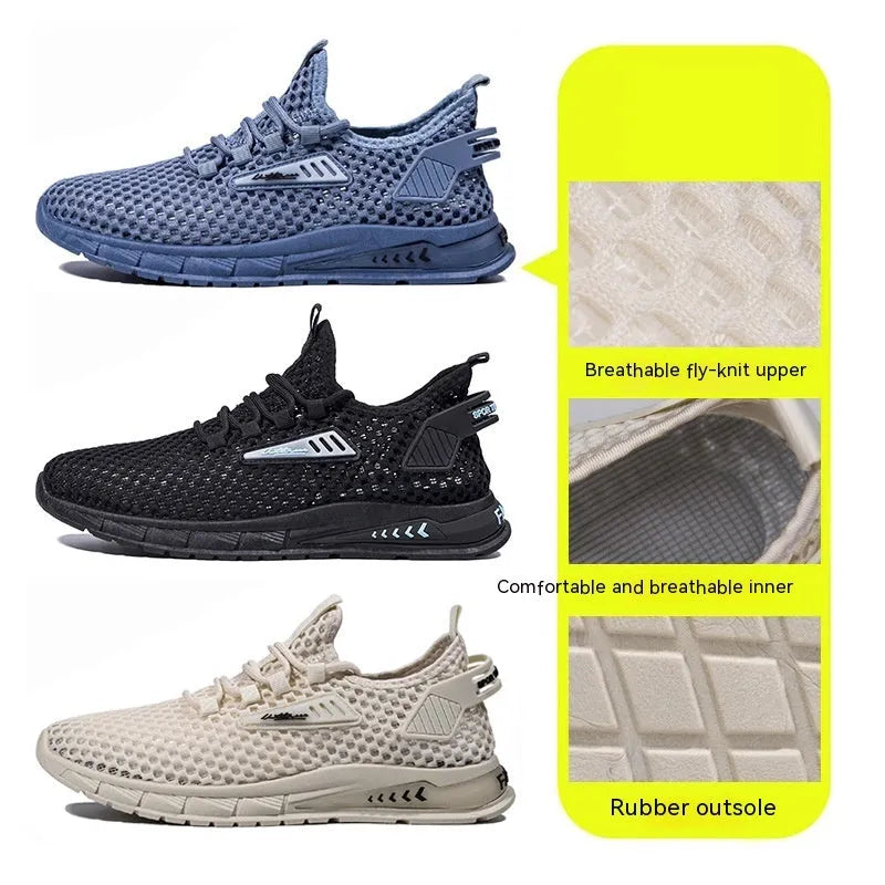 Men's beige mesh-lined sneakers with synthetic leather upper and lace-up front