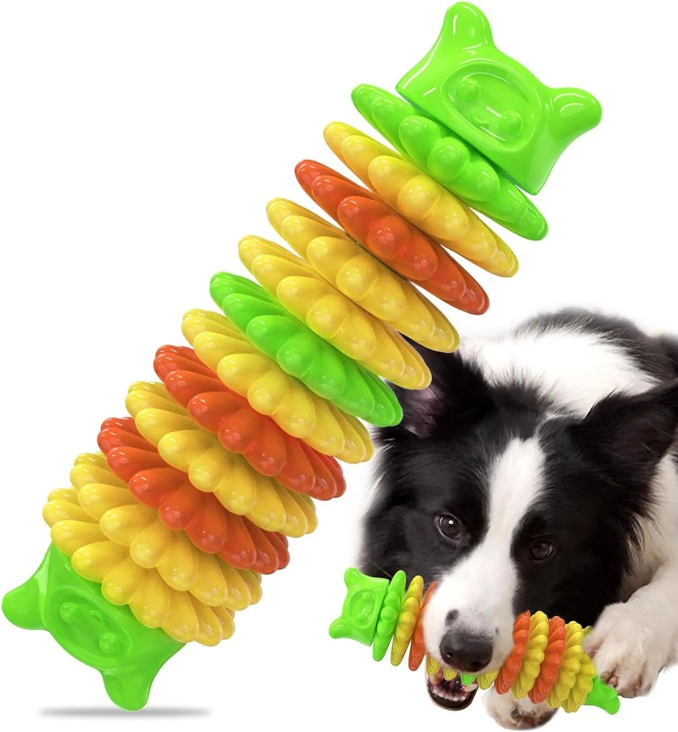 Blue caterpillar-shaped rubber dog chew toy for aggressive chewers on wooden floor