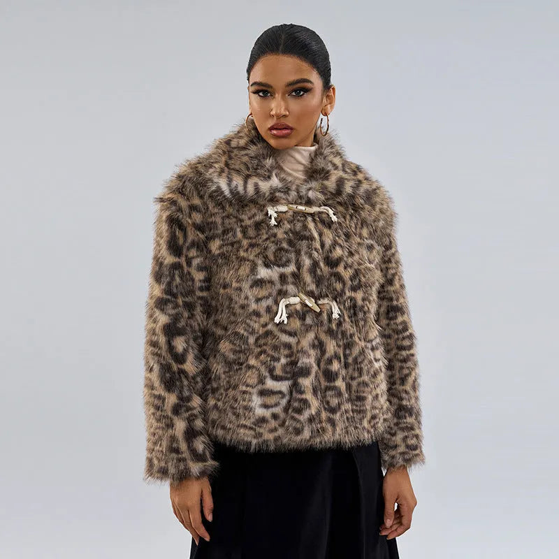 Women's leopard print coat with buckle lapel detail in polyester fabric