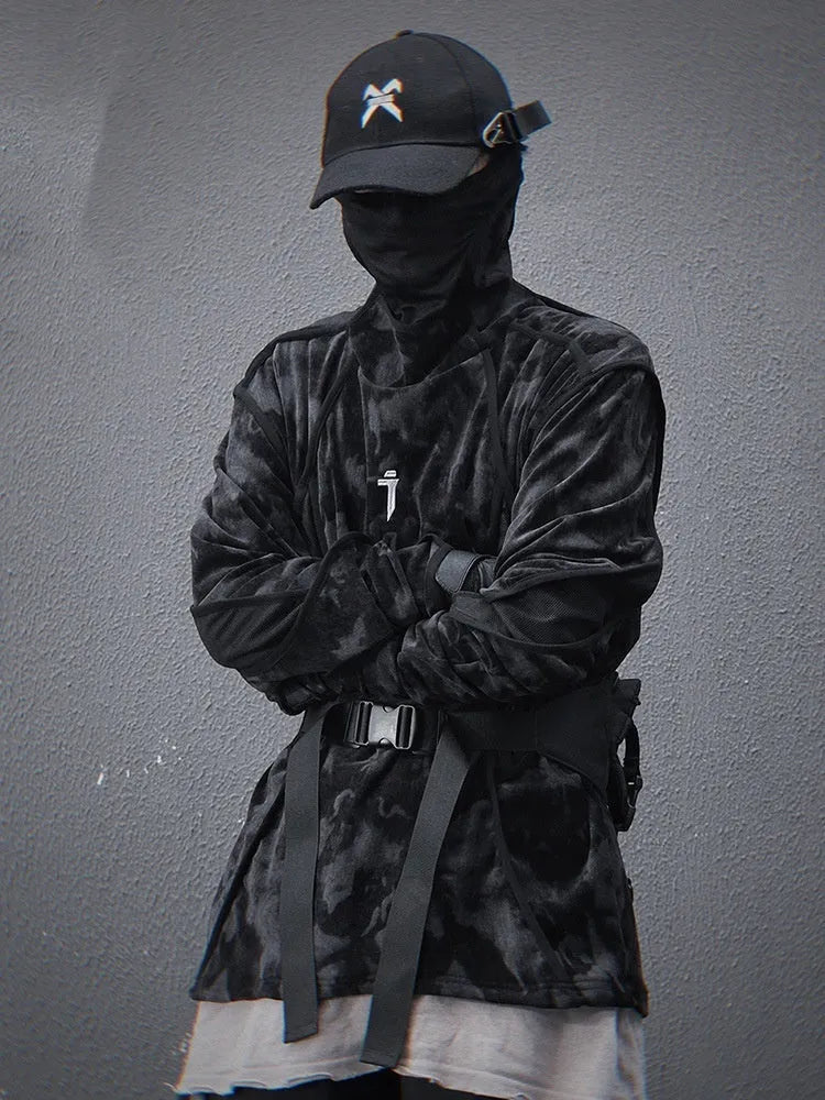 Men's black tie-dye pattern pullover sweater with drop-shoulder sleeves and loose casual fit