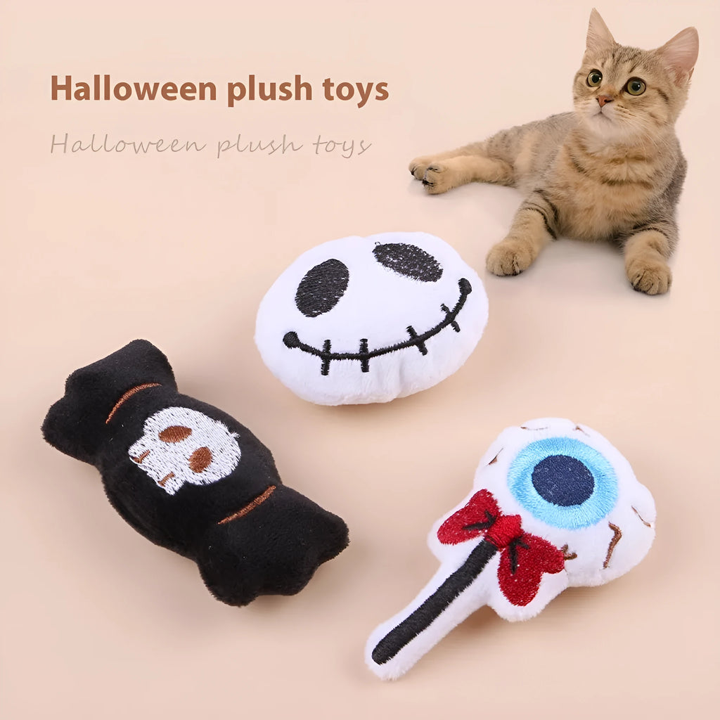 Small plush cat teaser toy with flexible handle in candy, eyes, or skull design
