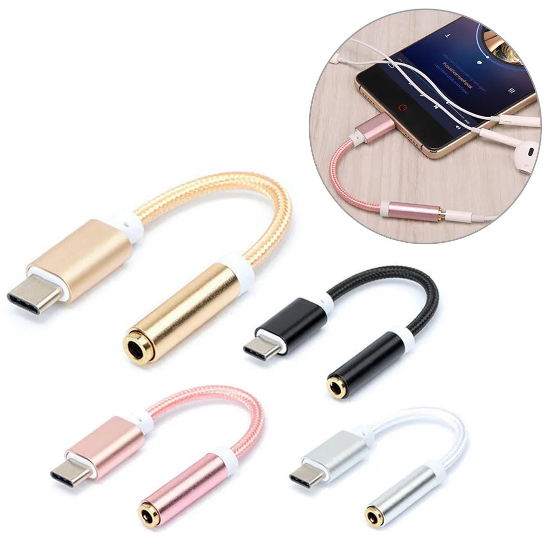 Nylon braided Type-C to 3.5mm female audio adapter cable in black, shown next to a mobile phone.
