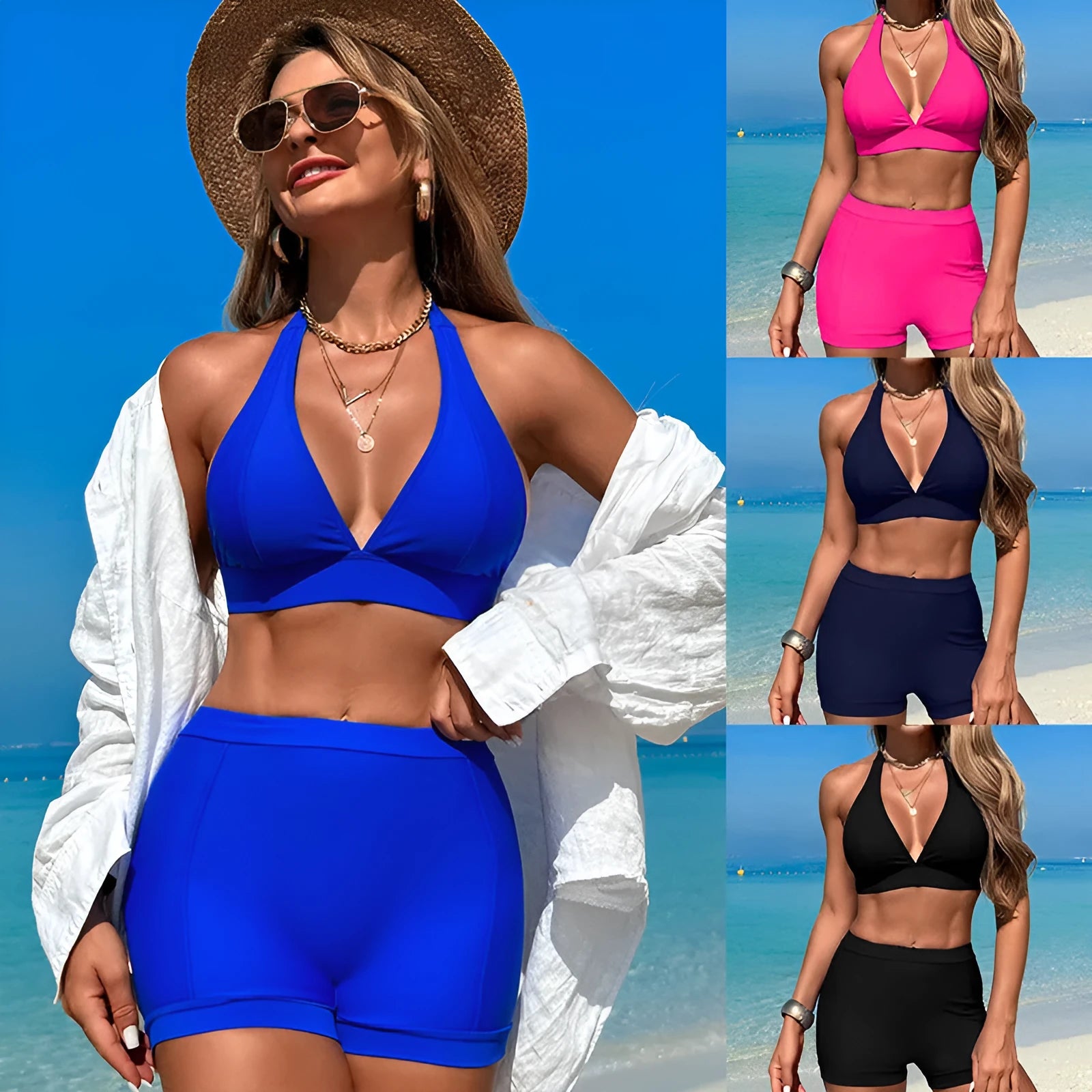 Women's split bikini swimsuit in black, pink, blue, or purple with sleeveless design for swimming