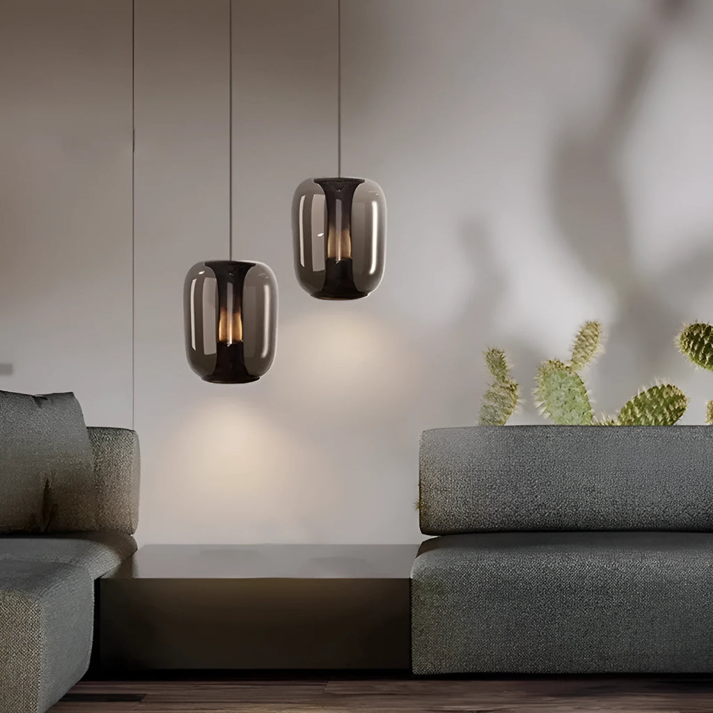 Nordic minimalist chandelier light in transparent, cognac or smoky grey colour measuring 16cm diameter