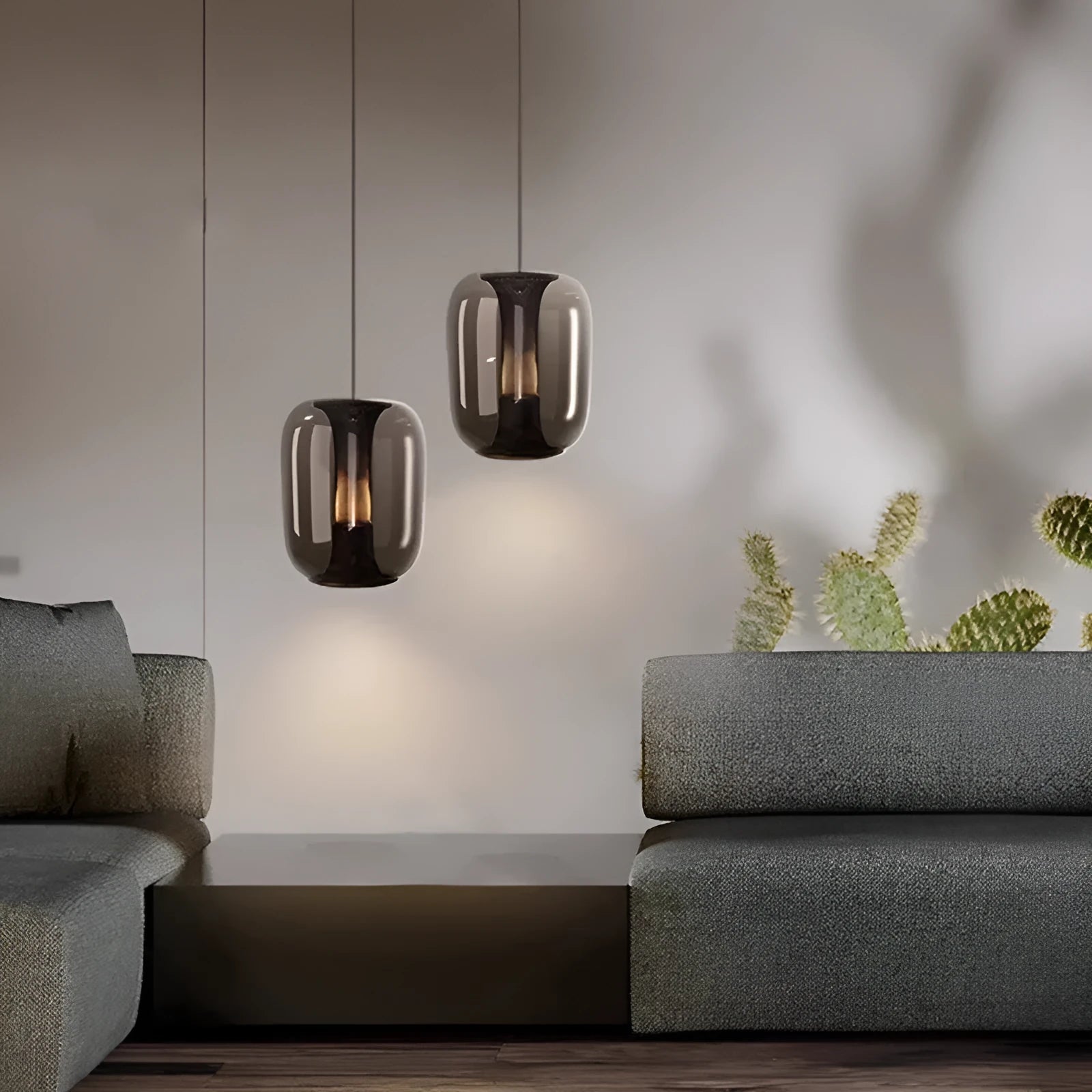Nordic minimalist chandelier light in transparent, cognac or smoky grey colour measuring 16cm diameter