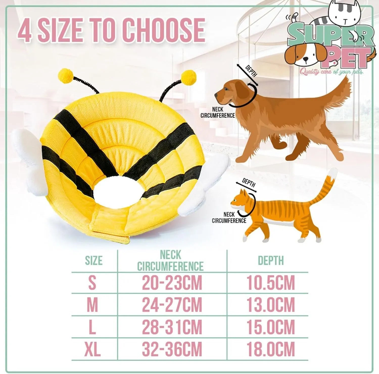 Soft cat cone collar with bee design and adjustable Velcro closure for pet recovery