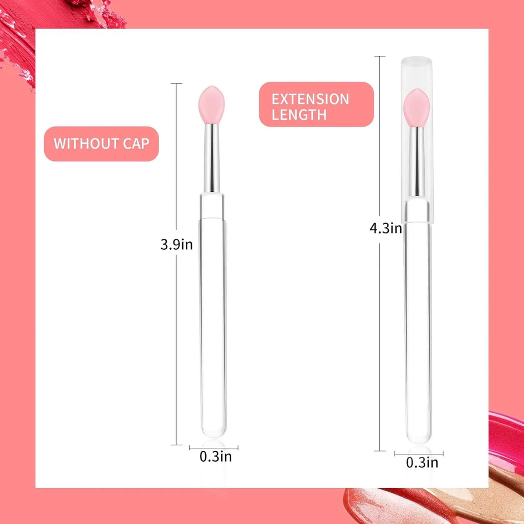 Set of reusable silicone lip brushes with protective caps in eight different colours: blue, pink, purple, red, rose red, skin colour, white, and yellow.