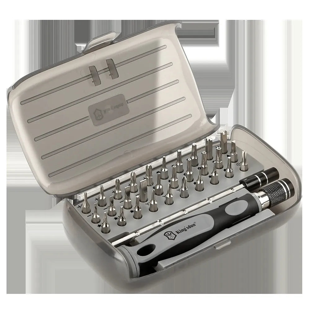 32 in 1 screwdriver set with 30 bits in a neutral coloured plastic case, dimensions 130mm.