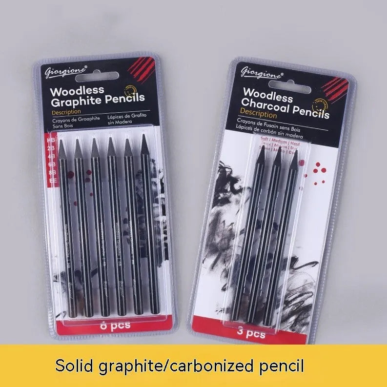 Set of 6 graphite and 3 carbonized drawing pencils on suction card packaging with wooden shell