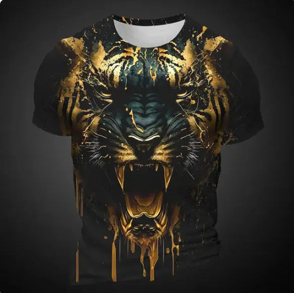 Men's short sleeve T-shirt with 3D tiger pattern in digital printing on polyester bird eye cloth