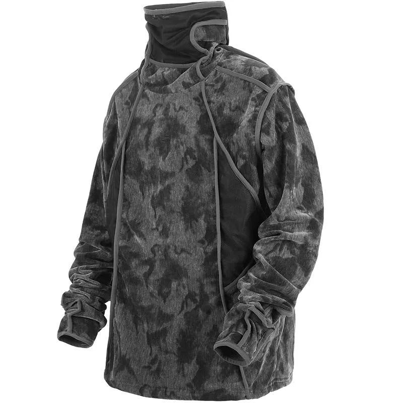 Men's black tie-dye pattern pullover sweater with drop-shoulder sleeves and loose casual fit