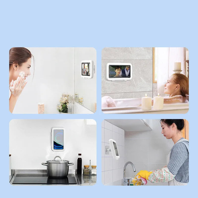Waterproof plastic phone holder with clear anti-fog window showing smartphone inside, mounted on bathroom tile