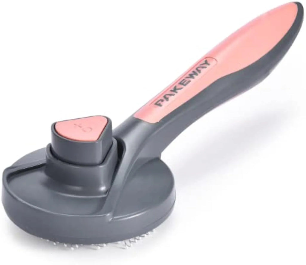 Grey self-cleaning pet grooming brush with a comfort-grip handle and a one-click button