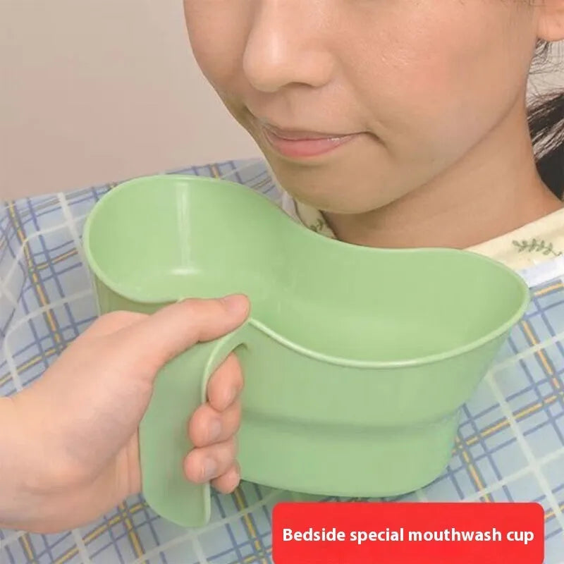 Green plastic elderly gargle cup with angled spout for bedridden oral care washing