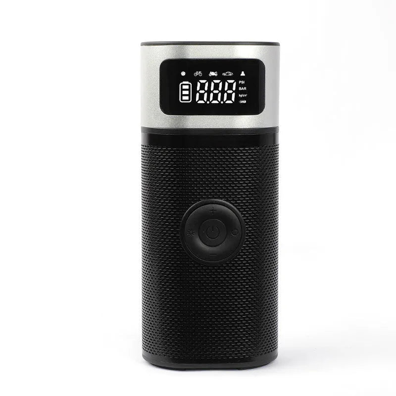 Black portable wireless smart vehicle air pump with LED light and USB cable