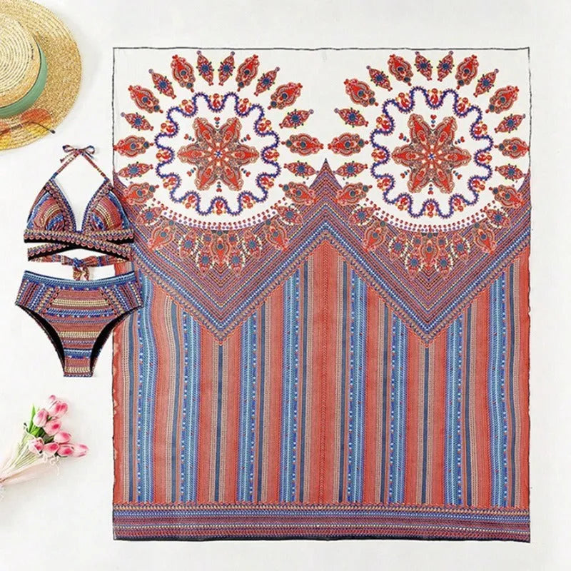 Women's three-piece swimsuit set showing high-waist bikini bottoms, cutout blouse top, and matching cover-up coat