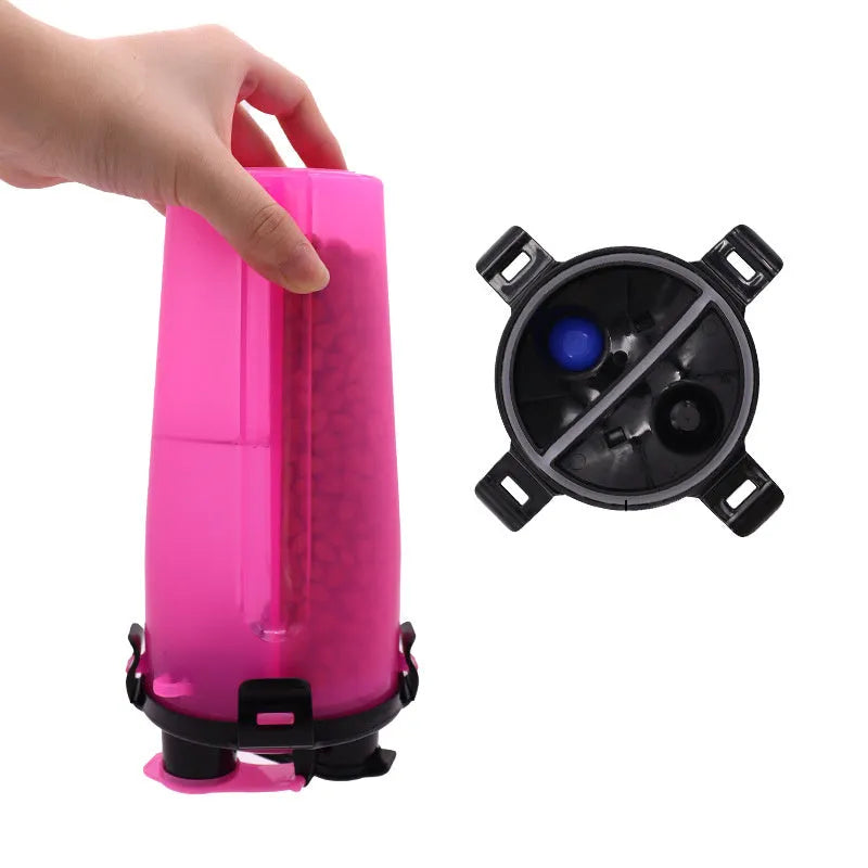 Portable dog water bottle and food storage container in assorted colours showing water and food compartments