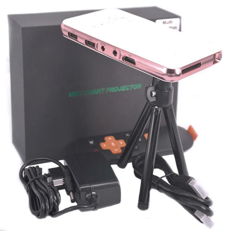 White and rose gold M6S miniature DLP Android projector showing compact 145mm size