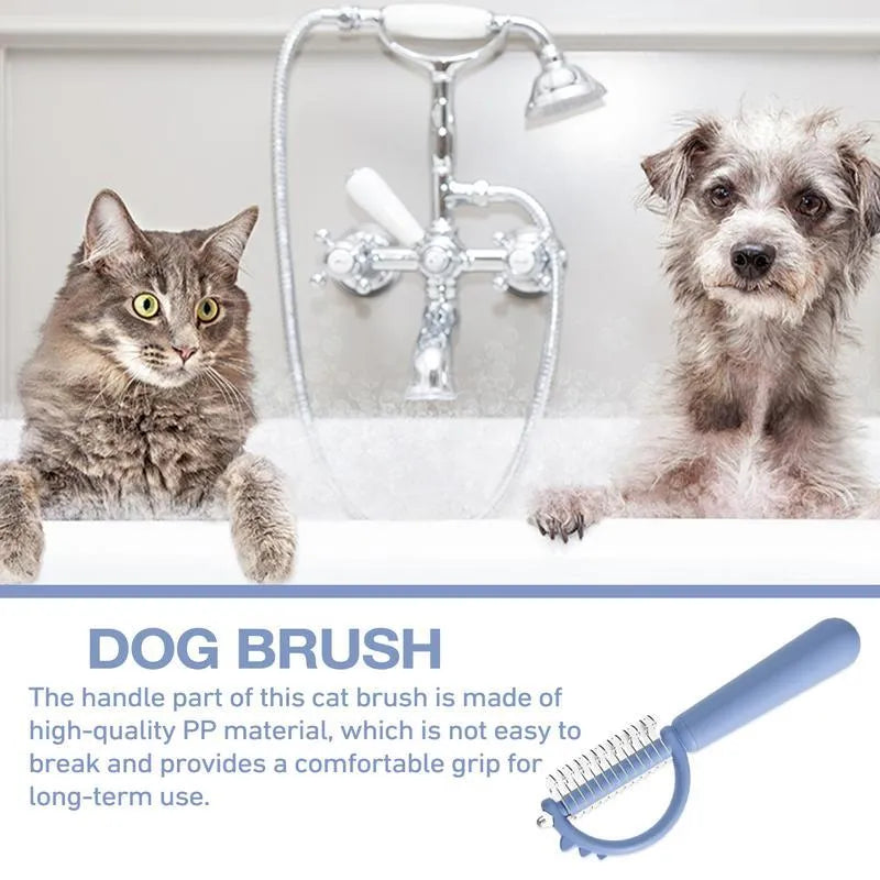 Blue dinosaur-shaped cat brush with stainless steel bristles for self-cleaning grooming