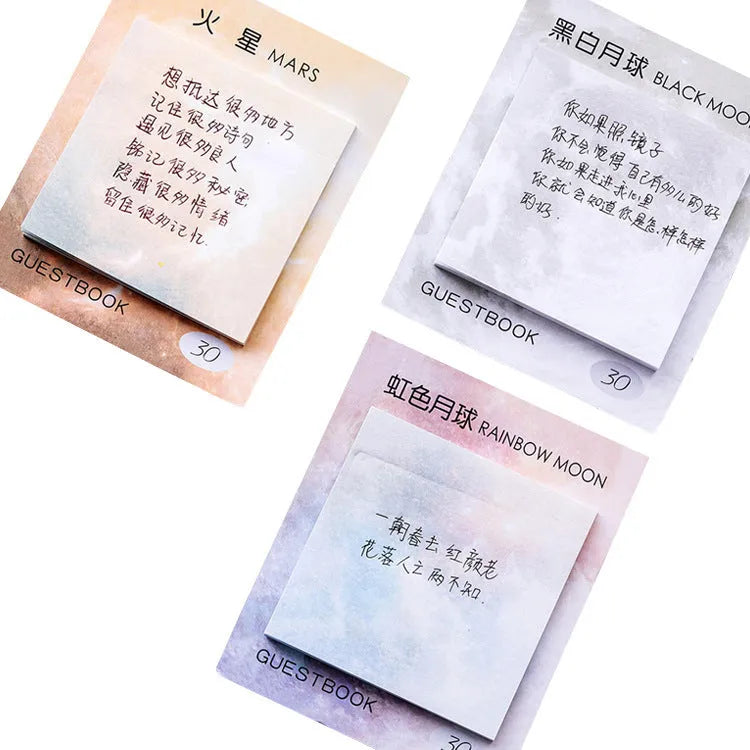 Square planet sticky notes pad with oil painting illustrations of Earth, Mars, and other planets