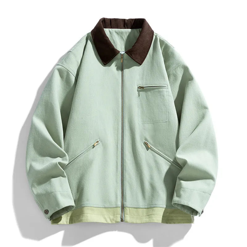 Men's loose fit autumn couple jacket with contrasting colour lapels and side seam pockets in retro workwear style
