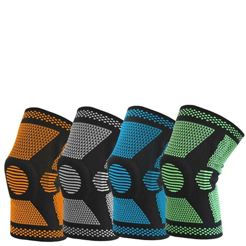 Green silicone spring sports knee pad shown on leg with size measurement indicators