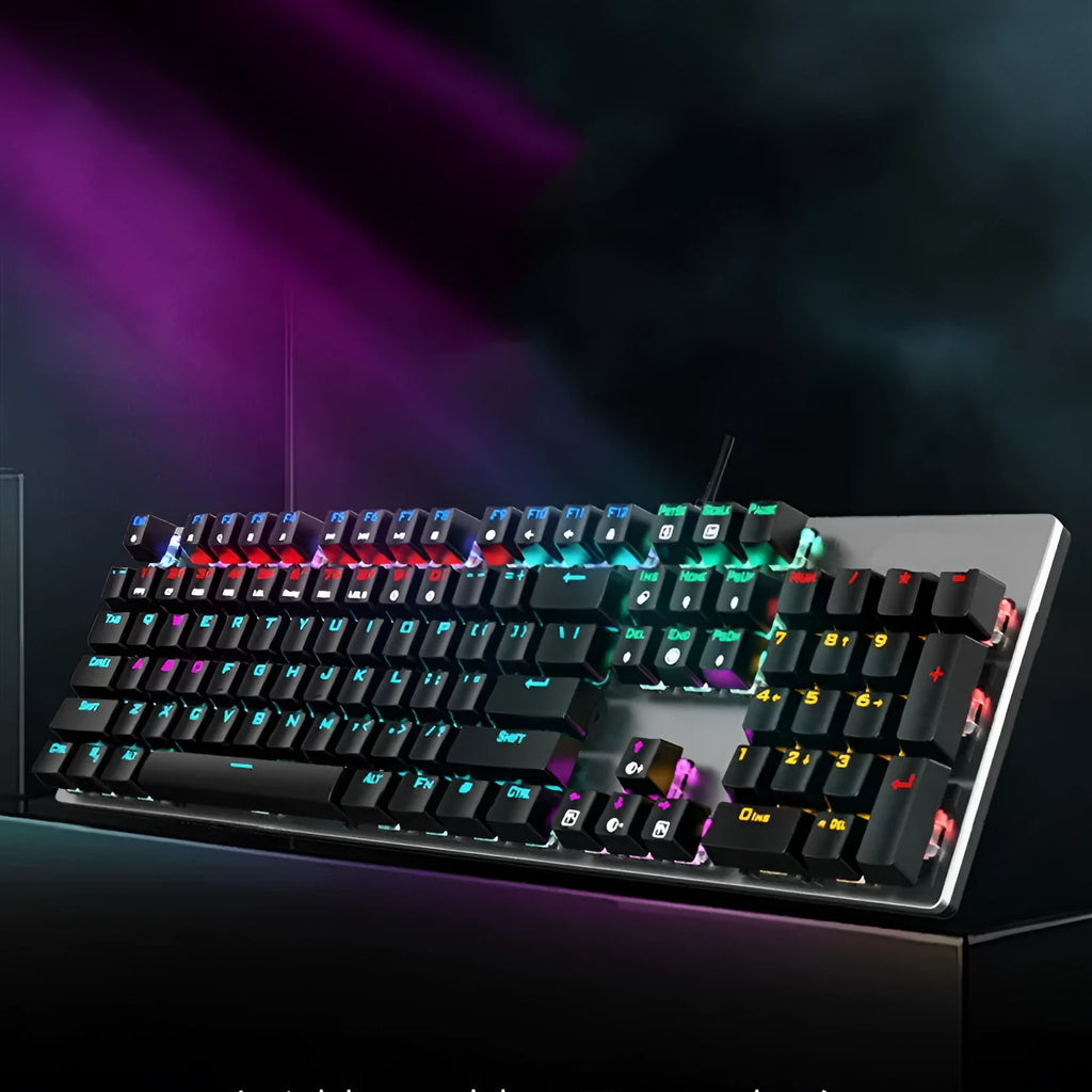 AOC GK410 metal mechanical keyboard with backlit keys and USB cable on a desktop